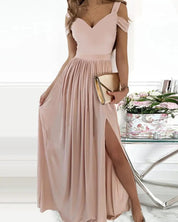 Elegant Greek Goddess Pleated Maxi Dress Lotus color Dresses
