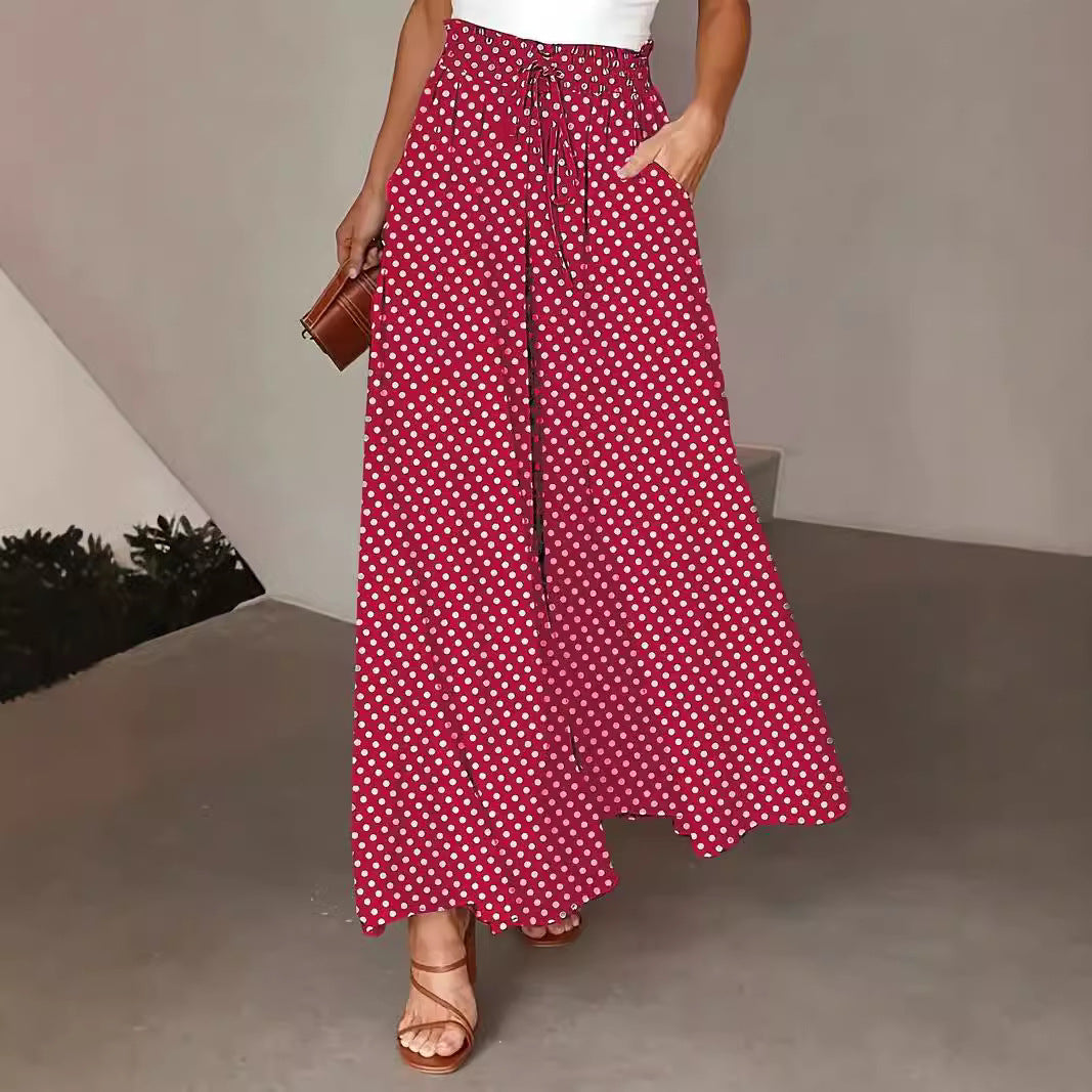 Polka Dot Elastic-Waist Wide-Leg Trousers Trousers