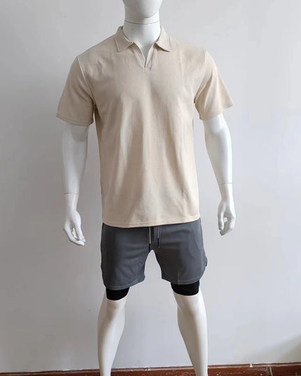 Men’s Waffle Lapel V‑Neck Short‑Sleeve Polo T-Shirts