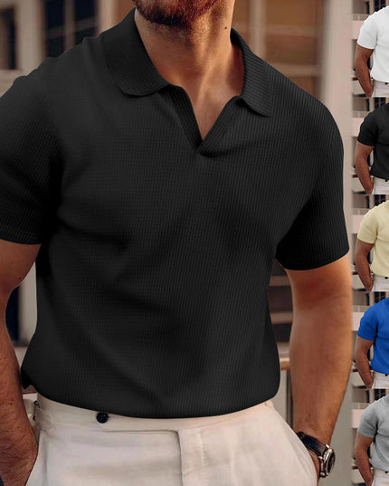 Men's INS Waffle Lapel Short-Sleeved Polo Shirt – Summer Solid Color V-Neck Polo Shirts