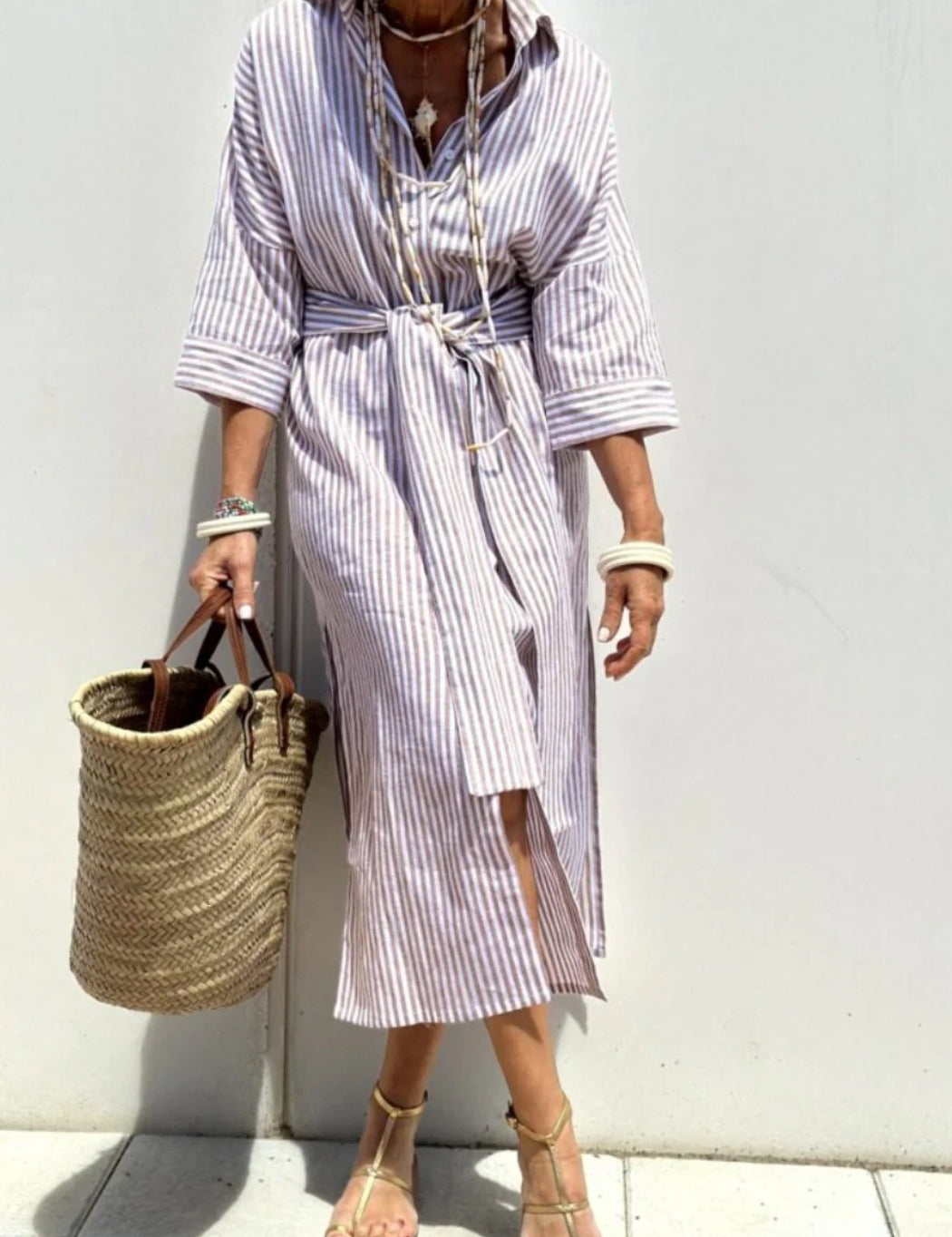 Striped Shirt Dress With Belt Gray Dresses