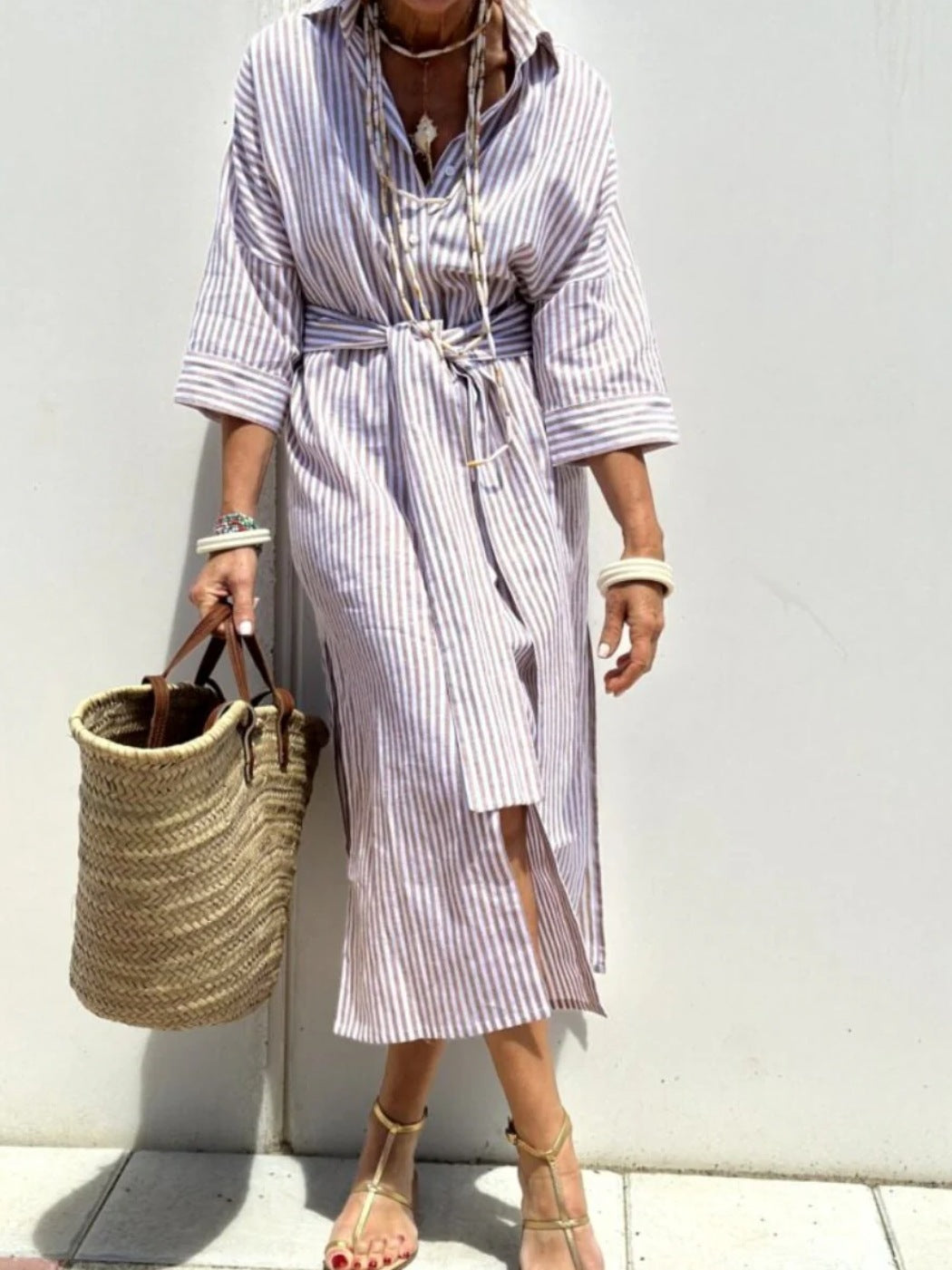 Striped Shirt Dress With Belt Gray Dresses
