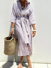 Striped Shirt Dress With Belt Gray Dresses