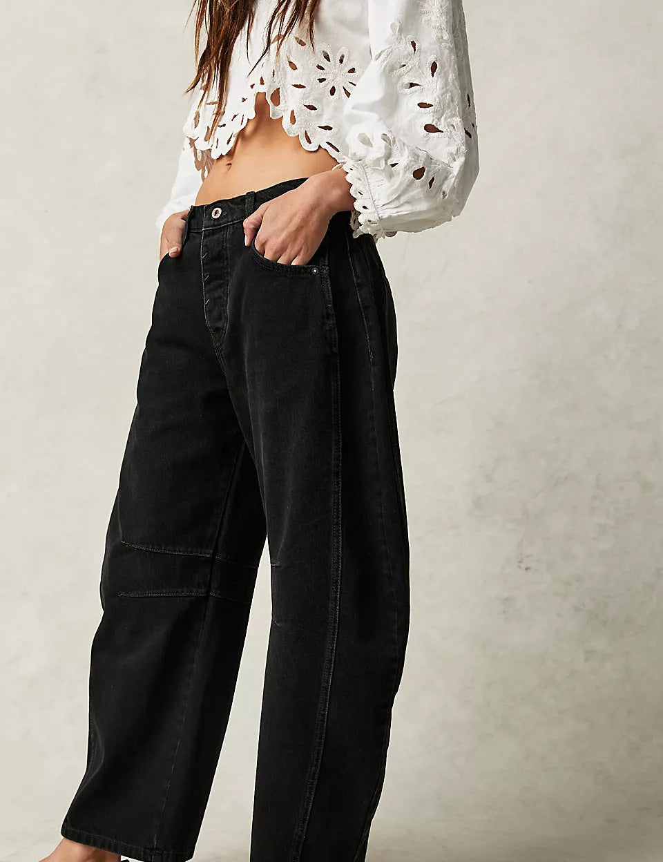 High-Stretch Mid-Rise Barrel Jeans Black Women Pants
