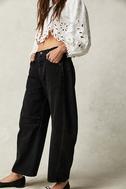 High-Stretch Mid-Rise Barrel Jeans Black Women Pants