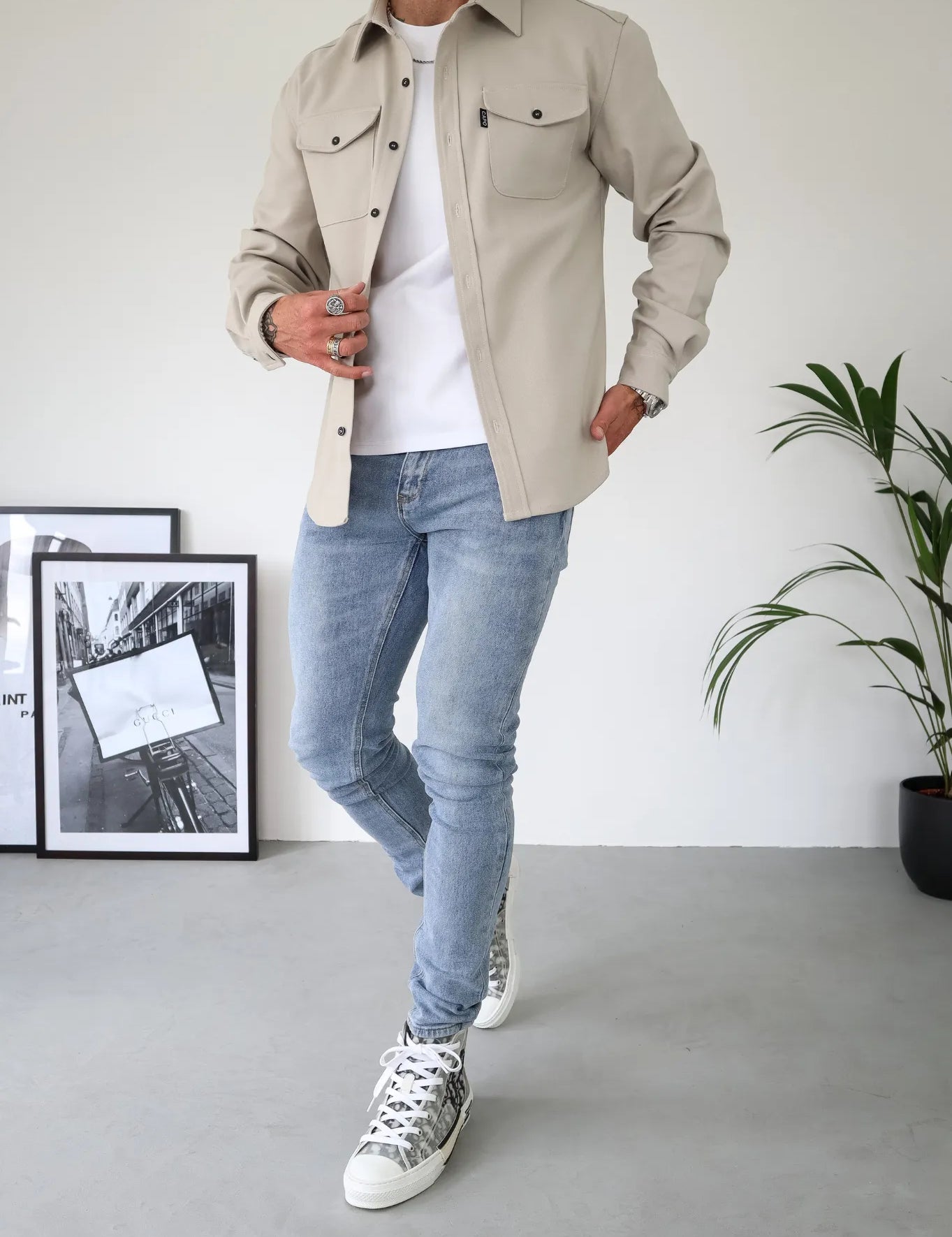 Men's Casual Button-Up Shirt Jacket with Front Pockets Beige Men Shirts