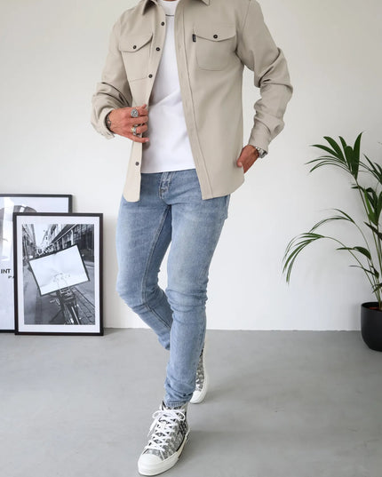 Men's Casual Button-Up Shirt Jacket with Front Pockets Beige Men Shirts