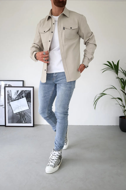 Men's Casual Button-Up Shirt Jacket with Front Pockets Beige Men Shirts