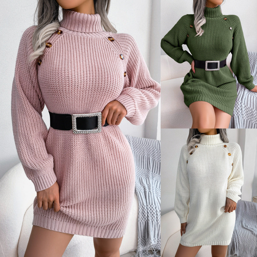 Winter Turtleneck Button-Detail Sweater Dress Dresses