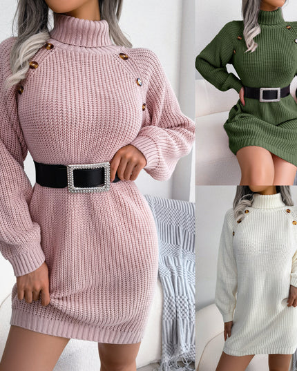 Winter Turtleneck Button-Detail Sweater Dress Dresses