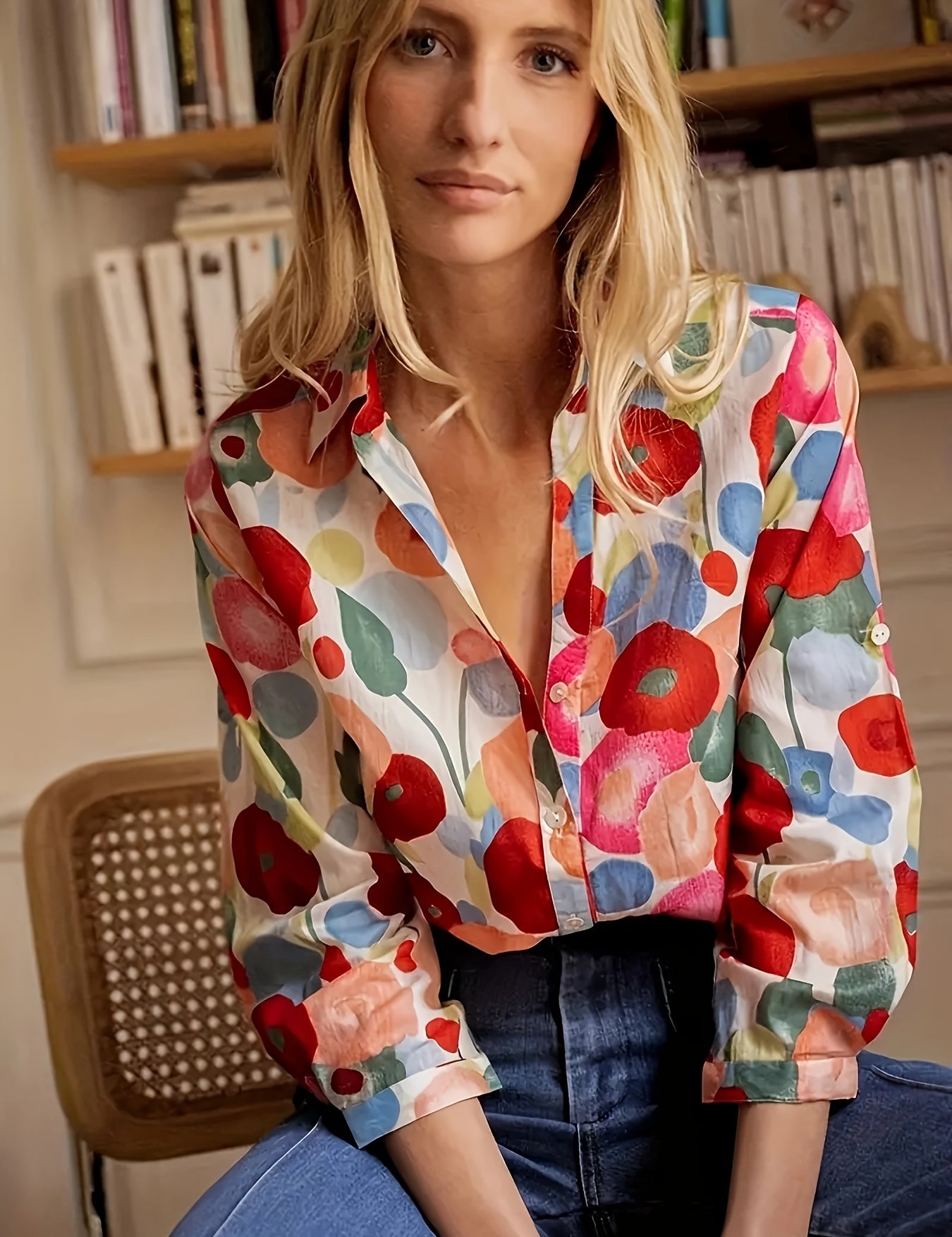 Plus Size Floral Button-Down Shirt Red Shirts & Tops