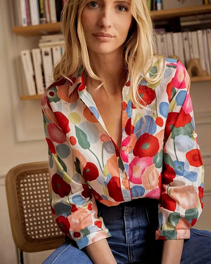 Plus Size Floral Button-Down Shirt Red Shirts & Tops