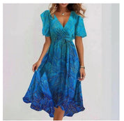 Women's Chiffon Printed V-Neck Dress Gradient Blue Dress