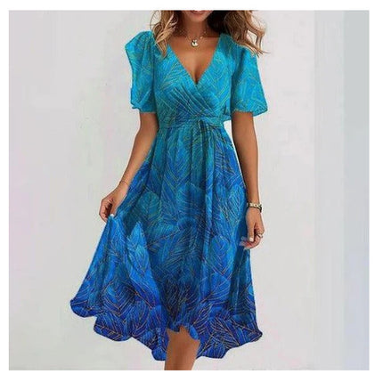 Women's Chiffon Printed V-Neck Dress Gradient Blue Dress