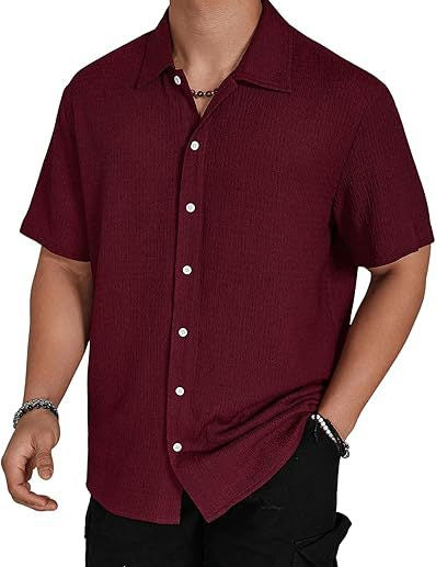 Men’s Solid-Color Short-Sleeve Button Lapel Shirt Wine Red Shirts