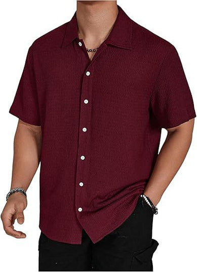 Men’s Solid-Color Short-Sleeve Button Lapel Shirt Wine Red Shirts