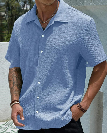 Men’s Solid-Color Short-Sleeve Button Lapel Shirt Blue Shirts