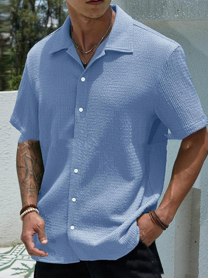 Men’s Solid-Color Short-Sleeve Button Lapel Shirt Blue Shirts