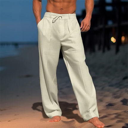 Men's Casual Wide-Leg Drawstring Pants with Pockets Khaki Trousers