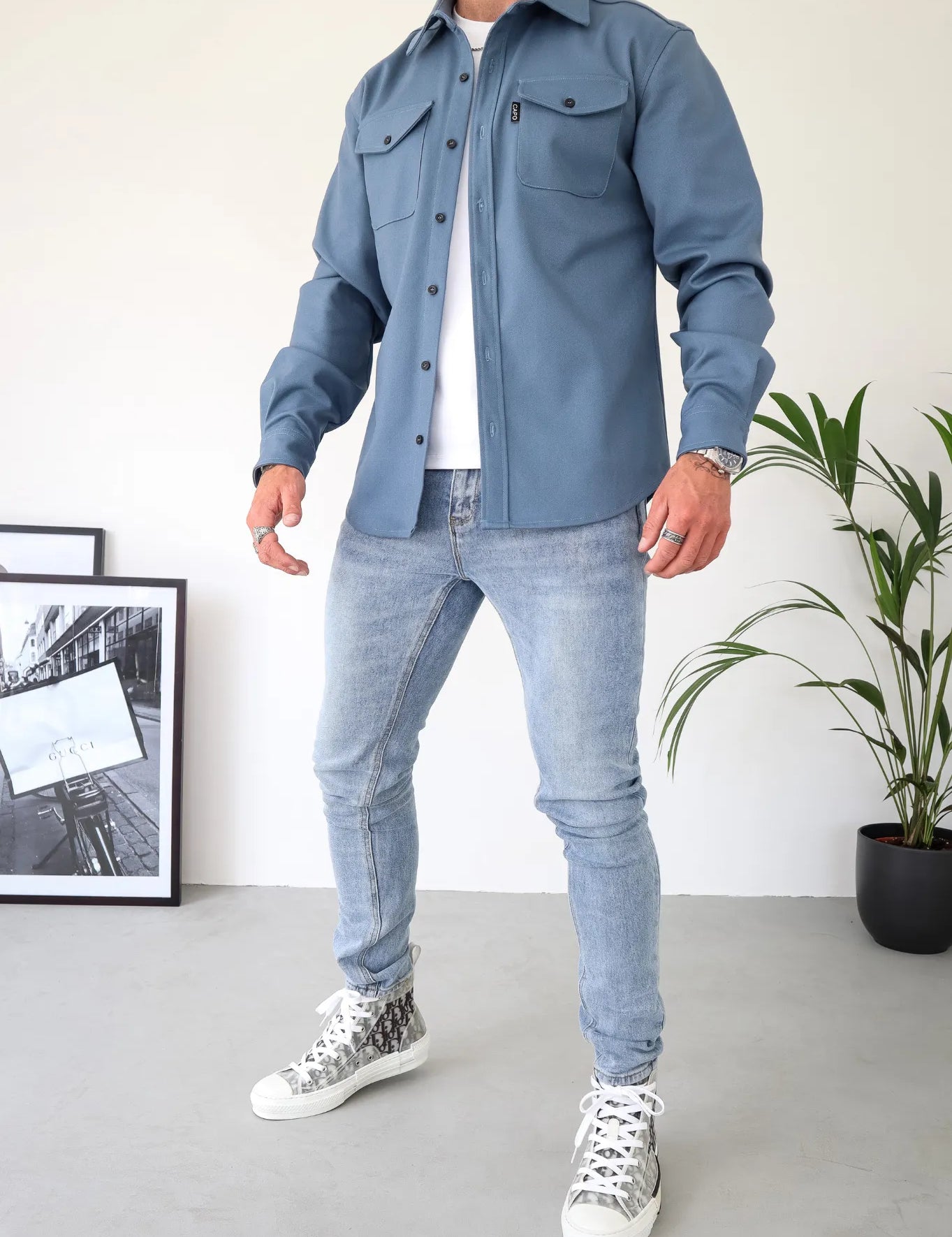 Men's Casual Button-Up Shirt Jacket with Front Pockets Blue Men Shirts