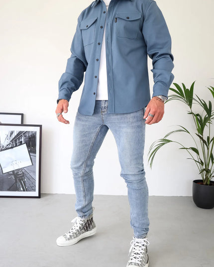 Men's Casual Button-Up Shirt Jacket with Front Pockets Blue Men Shirts