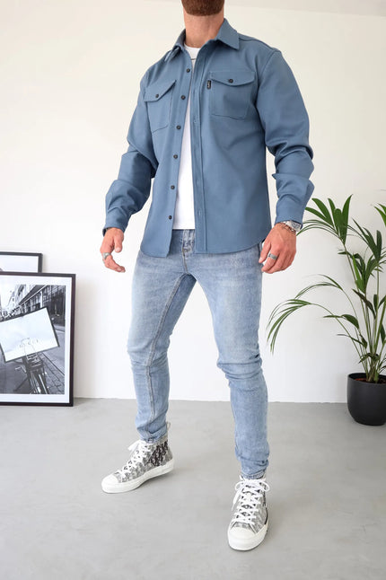 Men's Casual Button-Up Shirt Jacket with Front Pockets Blue Men Shirts
