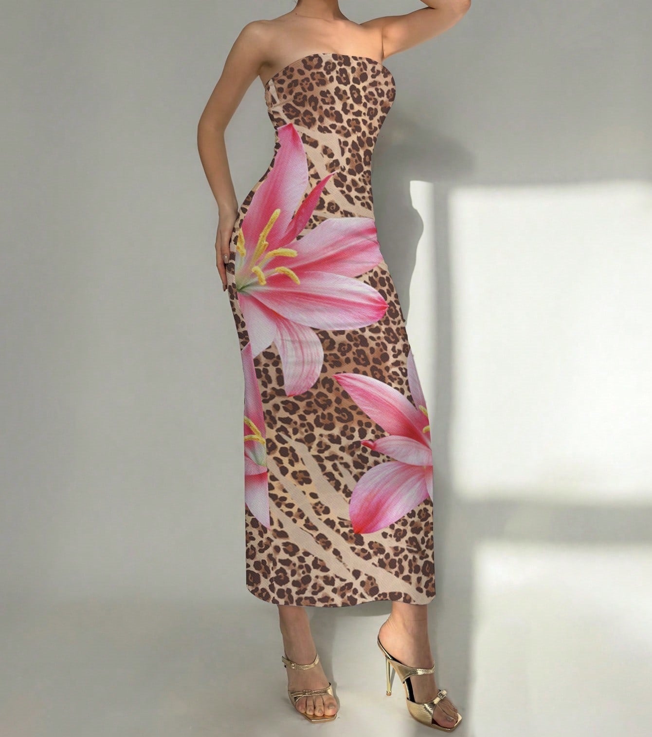 Women's Slim-Fit Floral Print Dress Leopard Figure Dress
