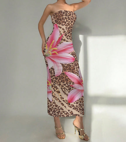 Women's Slim-Fit Floral Print Dress Leopard Figure Dress