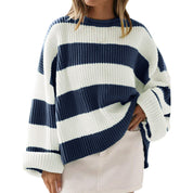 Striped Batwing Sleeve Knit Pullover Black Woman, Sweaters