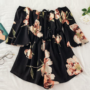 Off-Shoulder Floral Print Jumpsuit with Tie Flare Sleeves Black One size Jumpsuit