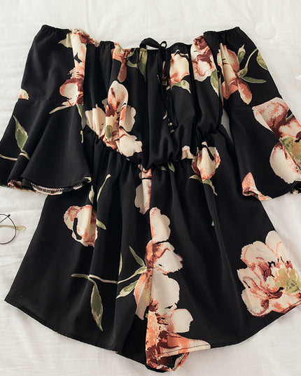 Off-Shoulder Floral Print Jumpsuit with Tie Flare Sleeves Black One size Jumpsuit
