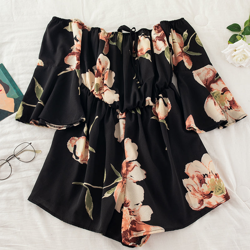 Off-Shoulder Floral Print Jumpsuit with Tie Flare Sleeves Black One size Jumpsuit