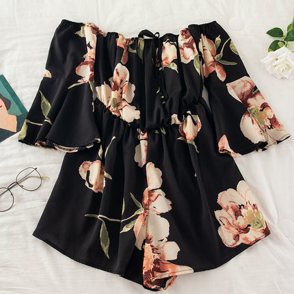 Off-Shoulder Floral Print Jumpsuit with Tie Flare Sleeves Black One size Jumpsuit