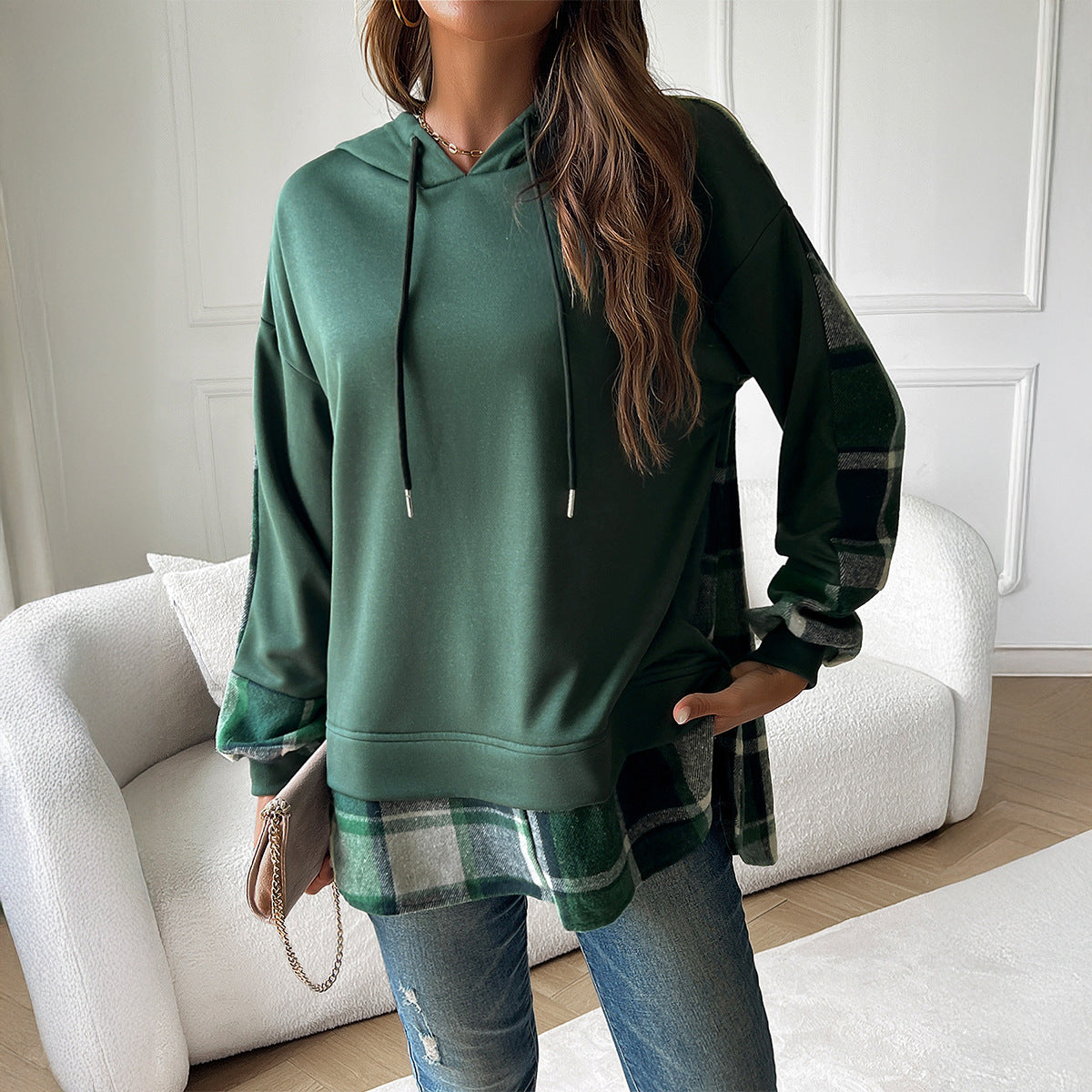 Vintage Oversized Plaid Patchwork Hoodie Green Women's Clothing