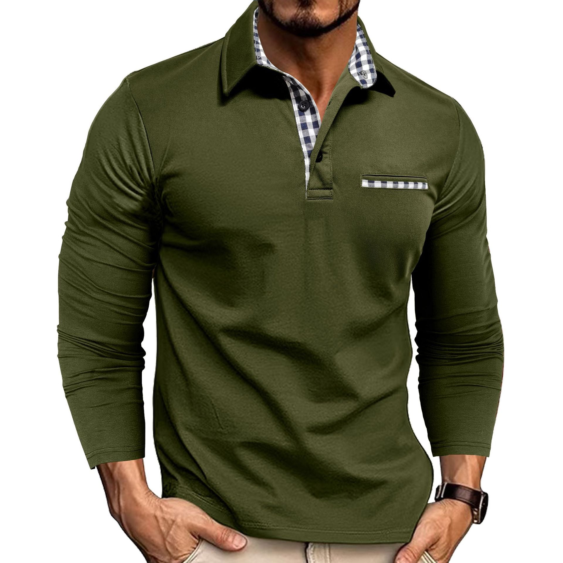 Casual Plaid Splicing Lapel Polo Shirt - Stylish Men's Long Sleeve Top Army Green Men T-Shirts