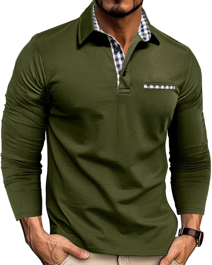 Casual Plaid Splicing Lapel Polo Shirt Fashion Solid Color Long Sleeve Top Men's Clothing Army Green