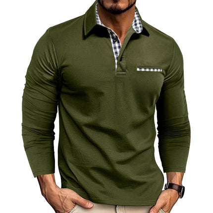 Casual Plaid Splicing Lapel Polo Shirt Fashion Solid Color Long Sleeve Top Men's Clothing Army Green