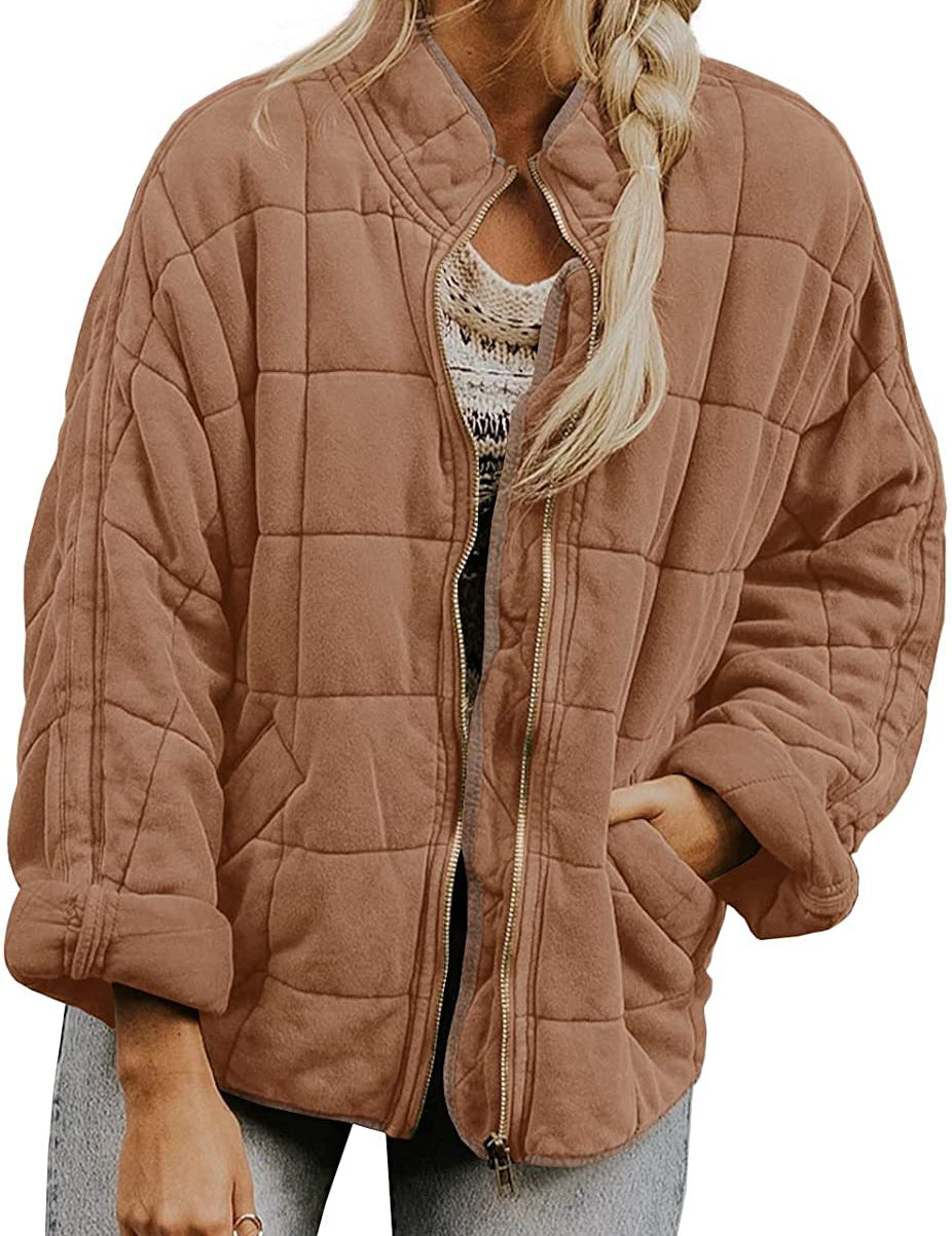 Plaid Stand-Collar Zip-Up Winter Coat for Women Brown Coat