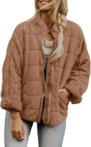 Plaid Stand-Collar Zip-Up Winter Coat for Women Brown Coat