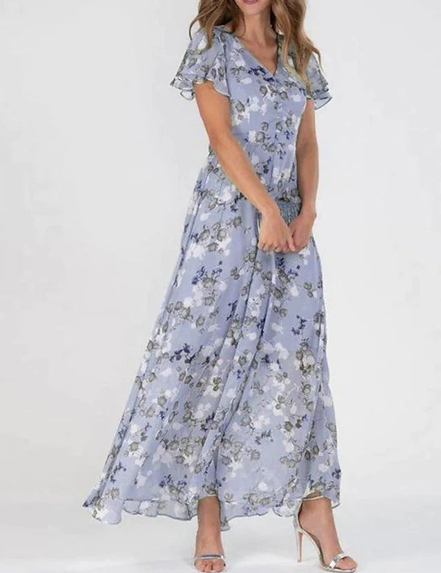 Floral Ruffle Short Sleeve Summer Dress Purple Dresses