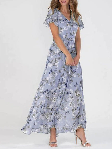 Floral Ruffle Short Sleeve Summer Dress Purple Dresses