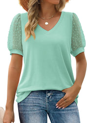 Sophia | Elegant Top with V-Neck Turquoise Palm Tree T-Shirt