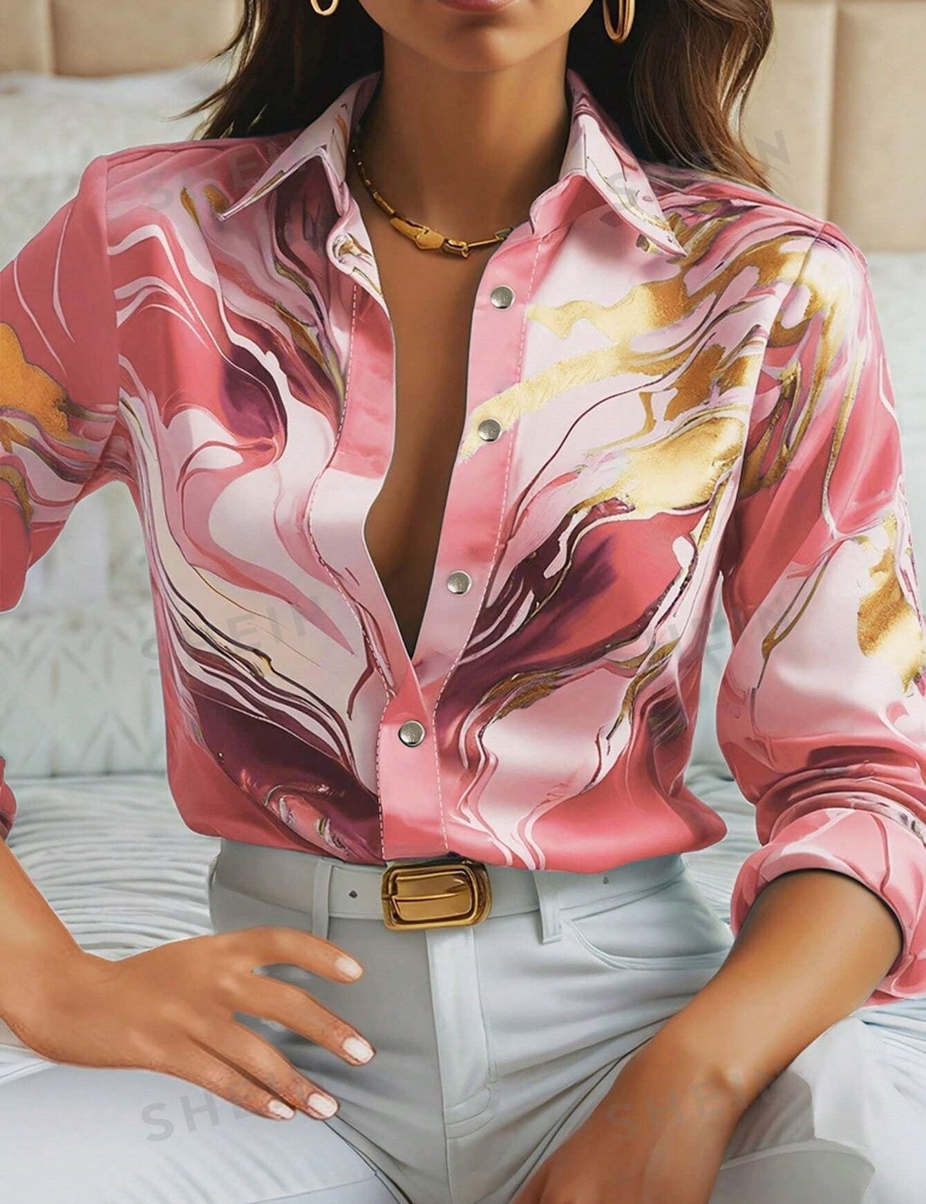 Marble Satin Statement Blouse Peach Blouses & Shirts