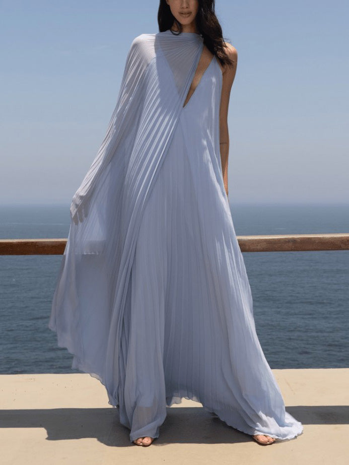 Elegant V-neck Pleated Flowy Maxi Dress Dresses