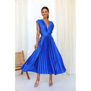 Summer V-Neck Pleated Sleeveless Dress Blue Dress