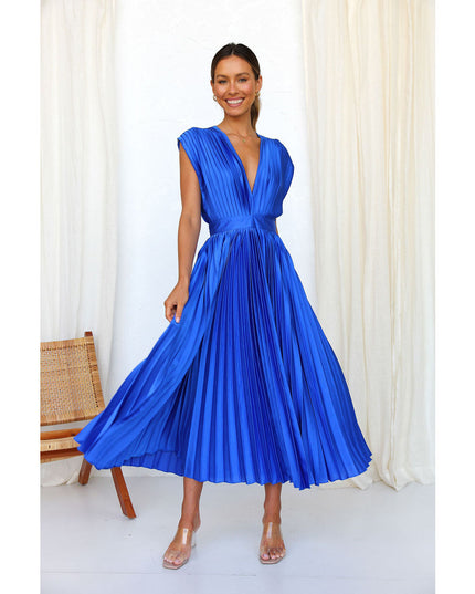Summer V-Neck Pleated Sleeveless Dress – Casual Loose Fit with Zipper Closure Blue Dress