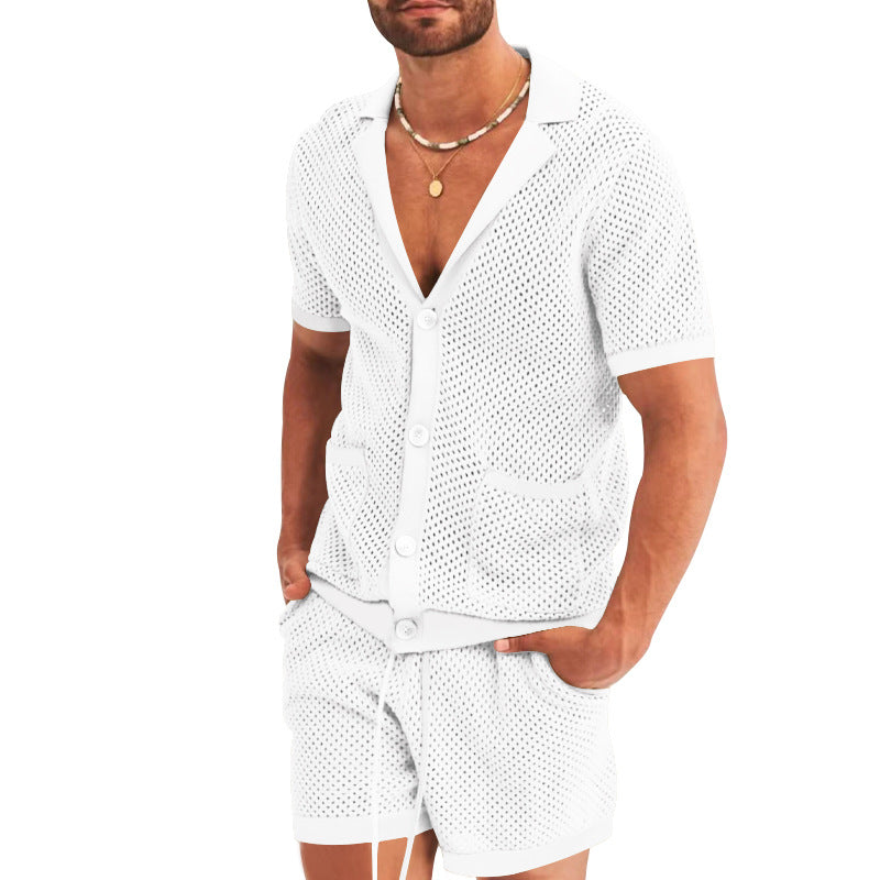 Men's Summer Casual Hollow Short Sleeve Shirt & Shorts Set White Shirts