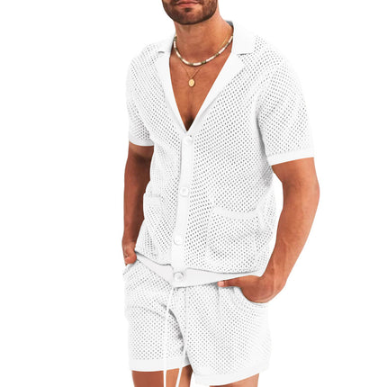 Men's Summer Casual Hollow Short Sleeve Shirt & Shorts Set White Shirts