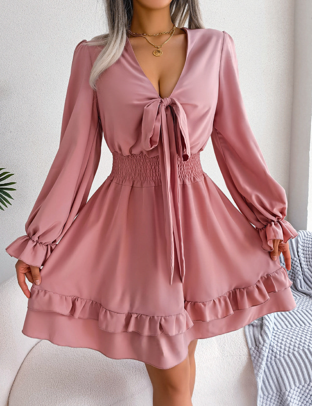 Summer Dresses Solid Color V-neck Long Sleeve Dress For Women Sexy V-neck Lace Up A-line Dress Women's Beach Dress Pink