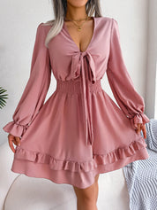 Summer Dresses Solid Color V-neck Long Sleeve Dress For Women Sexy V-neck Lace Up A-line Dress Women's Beach Dress Pink
